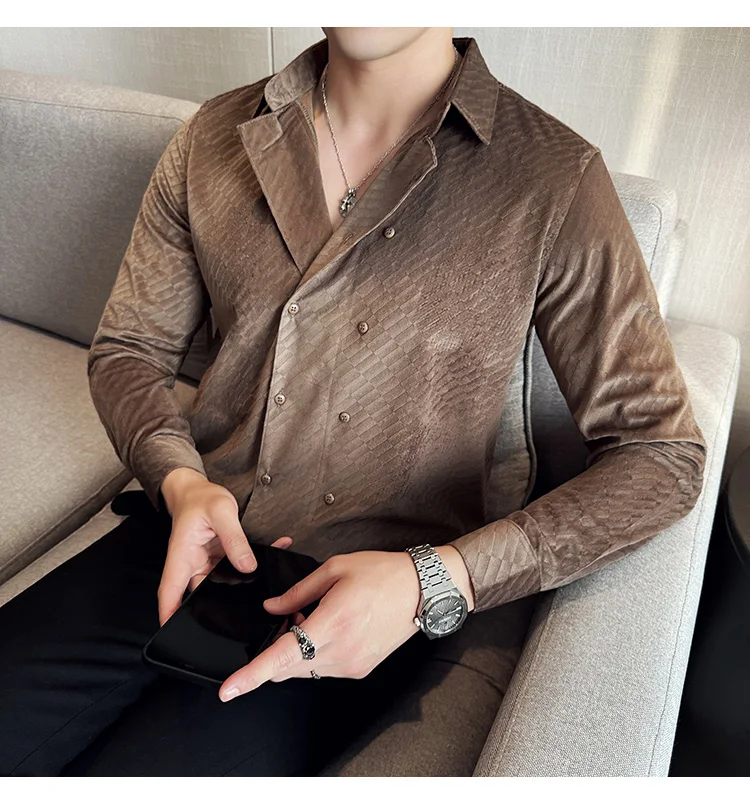 British Style Double Breasted Shirts Men High Quality Velvet Casual Business Shirt Slim Long Sleeve Versatile Social Streetwear