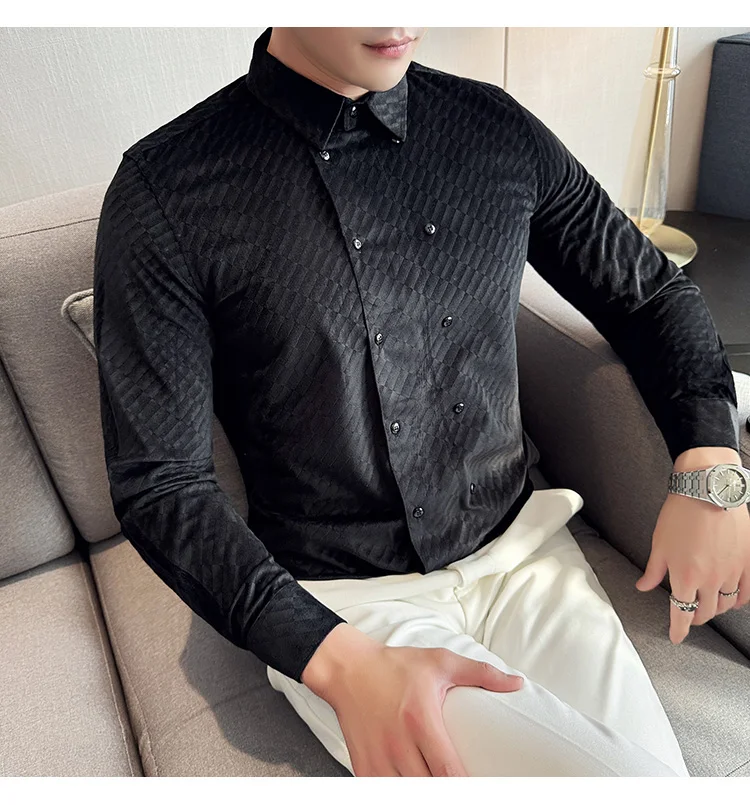 British Style Double Breasted Shirts Men High Quality Velvet Casual Business Shirt Slim Long Sleeve Versatile Social Streetwear
