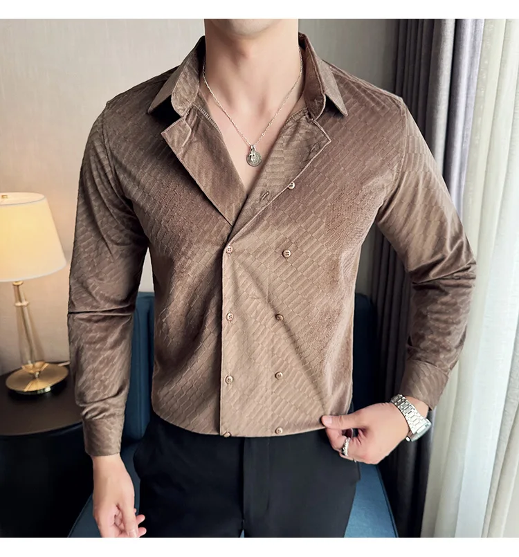 British Style Double Breasted Shirts Men High Quality Velvet Casual Business Shirt Slim Long Sleeve Versatile Social Streetwear