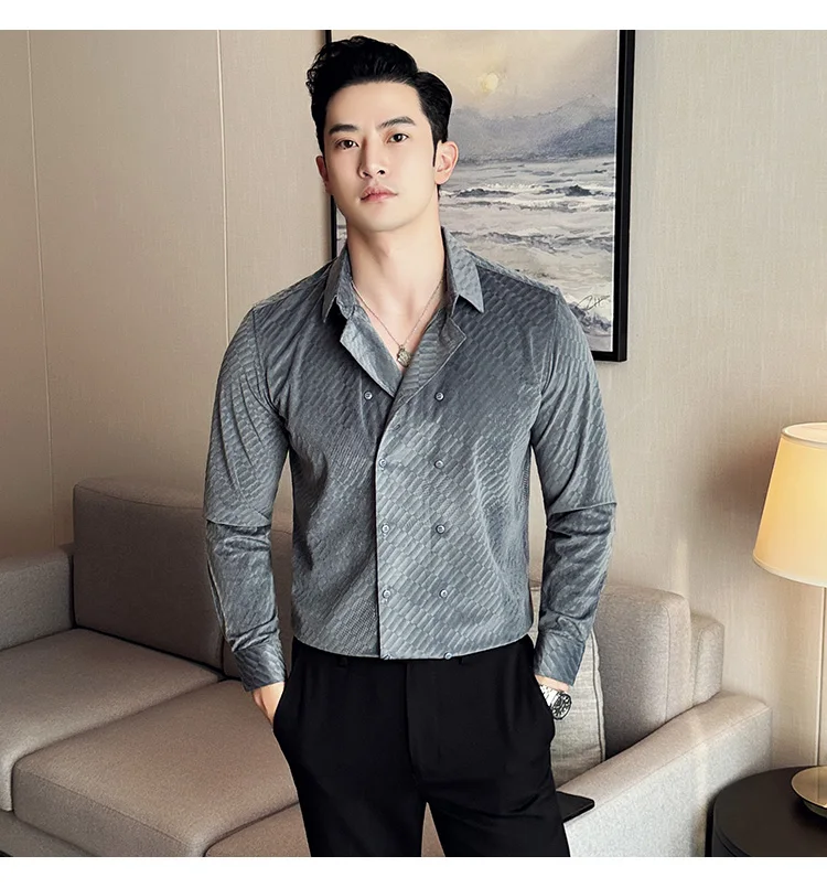 British Style Double Breasted Shirts Men High Quality Velvet Casual Business Shirt Slim Long Sleeve Versatile Social Streetwear