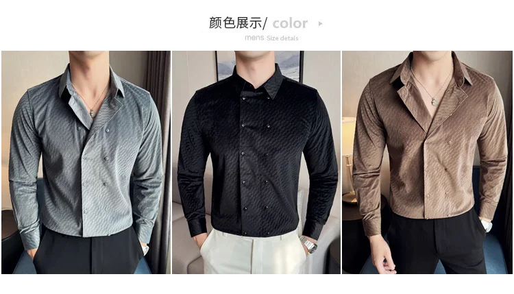 British Style Double Breasted Shirts Men High Quality Velvet Casual Business Shirt Slim Long Sleeve Versatile Social Streetwear