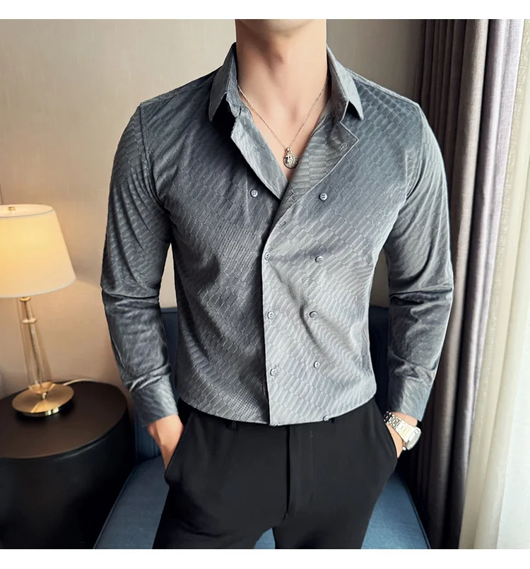 British Style Double Breasted Shirts Men High Quality Velvet Casual Business Shirt Slim Long Sleeve Versatile Social Streetwear