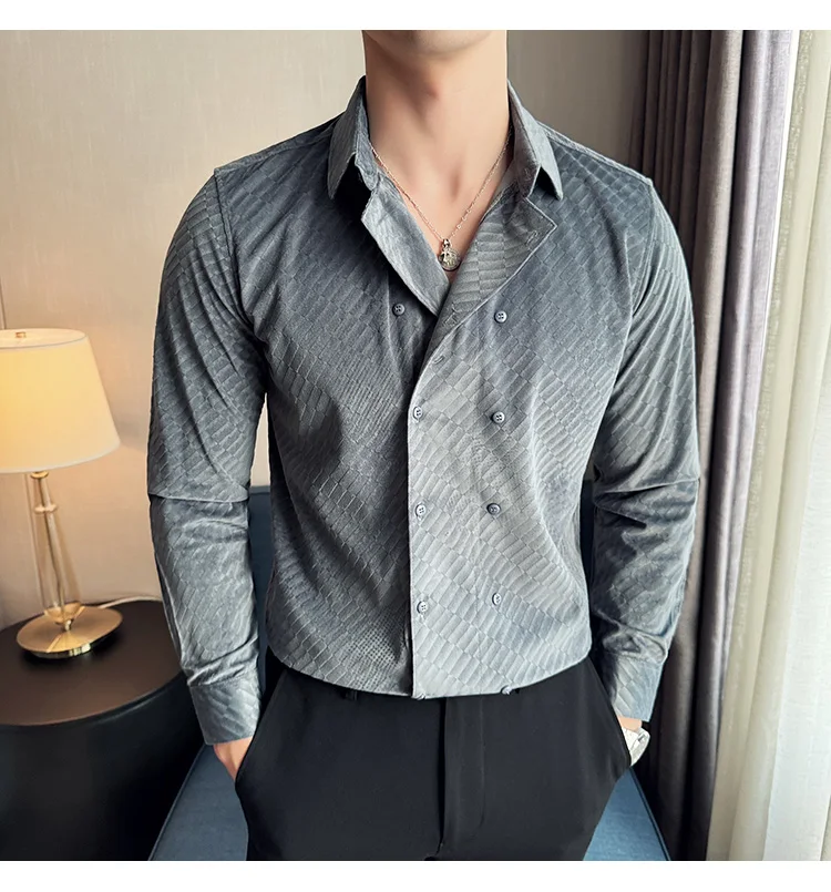 British Style Double Breasted Shirts Men High Quality Velvet Casual Business Shirt Slim Long Sleeve Versatile Social Streetwear