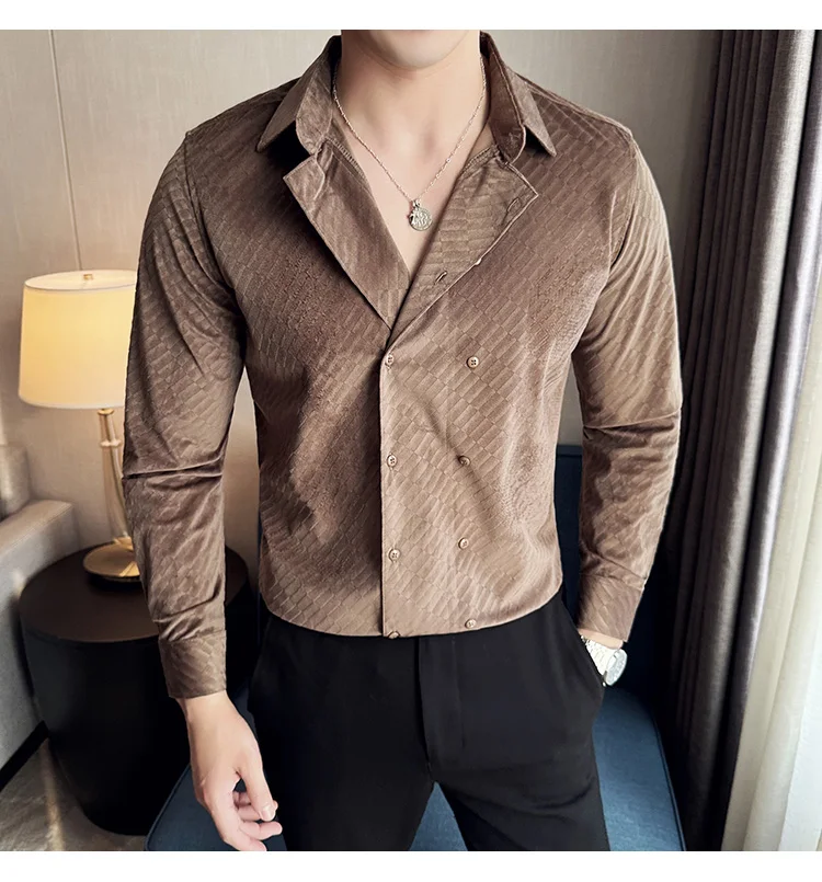 British Style Double Breasted Shirts Men High Quality Velvet Casual Business Shirt Slim Long Sleeve Versatile Social Streetwear