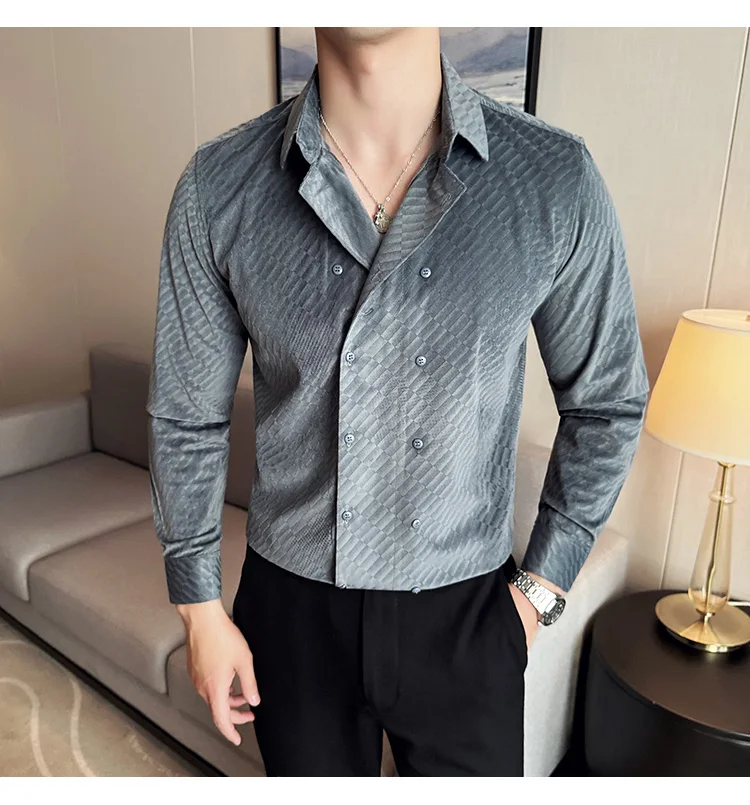 British Style Double Breasted Shirts Men High Quality Velvet Casual Business Shirt Slim Long Sleeve Versatile Social Streetwear