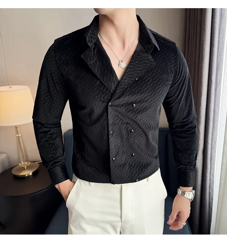 British Style Double Breasted Shirts Men High Quality Velvet Casual Business Shirt Slim Long Sleeve Versatile Social Streetwear