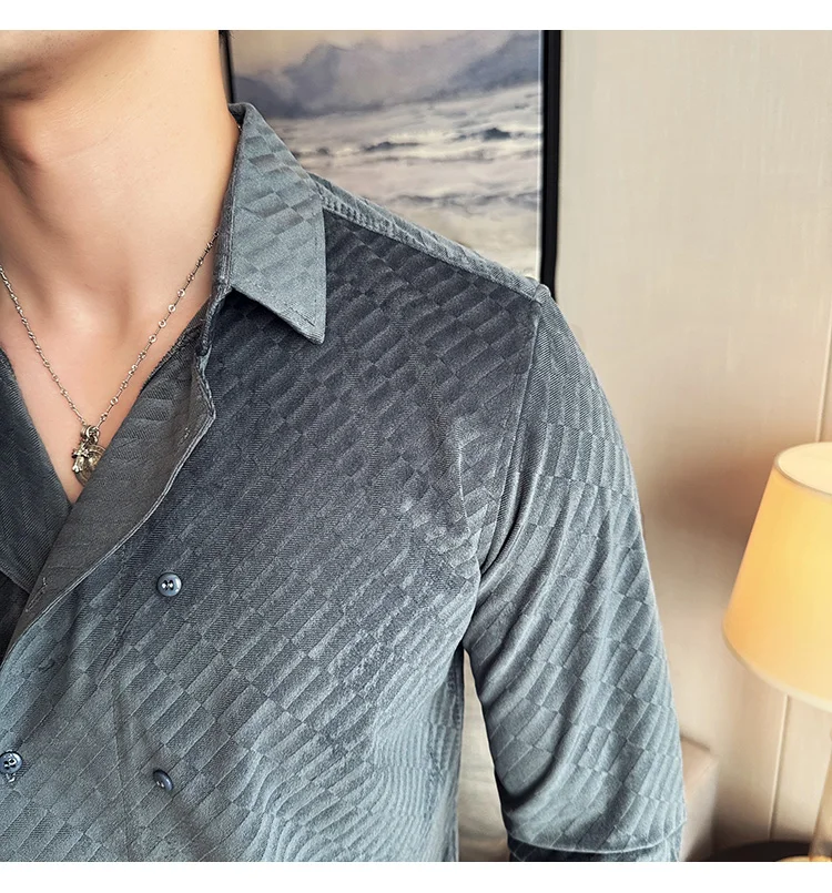 British Style Double Breasted Shirts Men High Quality Velvet Casual Business Shirt Slim Long Sleeve Versatile Social Streetwear