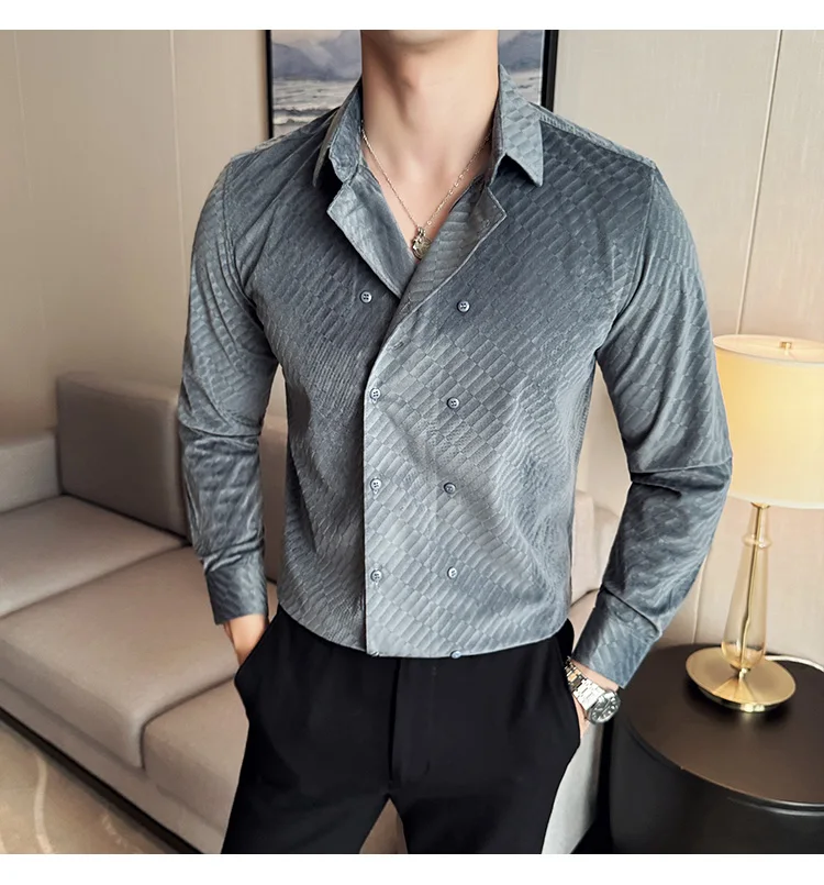 British Style Double Breasted Shirts Men High Quality Velvet Casual Business Shirt Slim Long Sleeve Versatile Social Streetwear