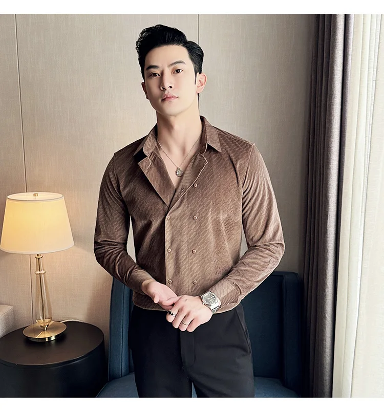British Style Double Breasted Shirts Men High Quality Velvet Casual Business Shirt Slim Long Sleeve Versatile Social Streetwear