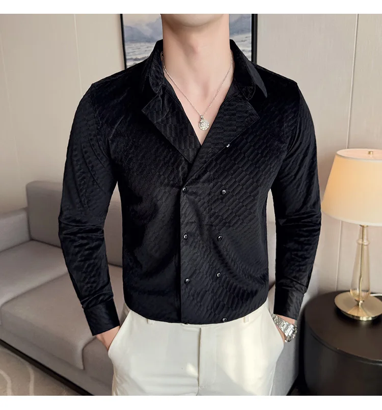 British Style Double Breasted Shirts Men High Quality Velvet Casual Business Shirt Slim Long Sleeve Versatile Social Streetwear