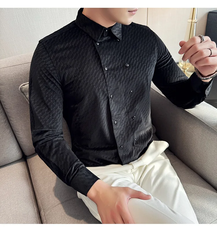 British Style Double Breasted Shirts Men High Quality Velvet Casual Business Shirt Slim Long Sleeve Versatile Social Streetwear