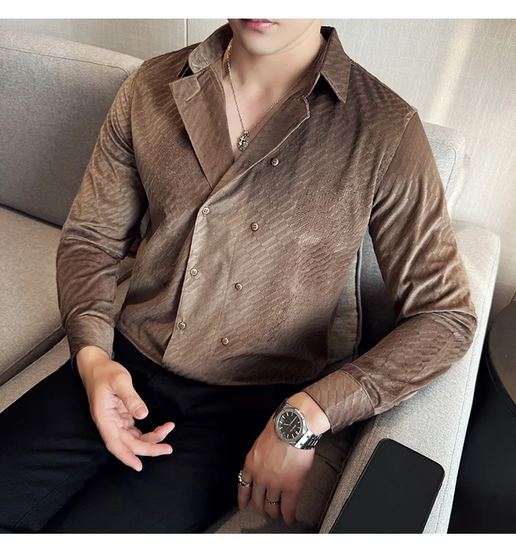 British Style Double Breasted Shirts Men High Quality Velvet Casual Business Shirt Slim Long Sleeve Versatile Social Streetwear