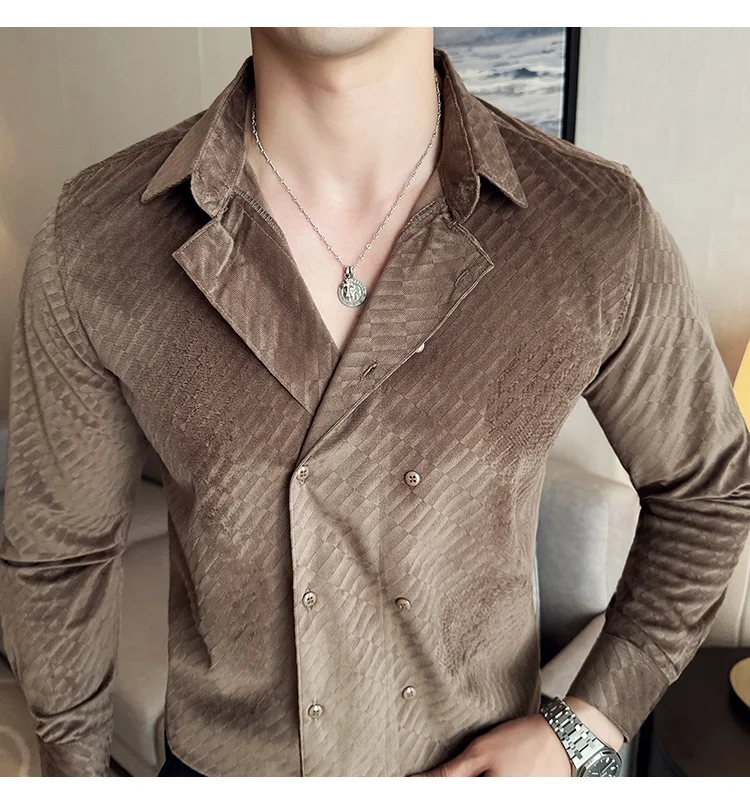 British Style Double Breasted Shirts Men High Quality Velvet Casual Business Shirt Slim Long Sleeve Versatile Social Streetwear