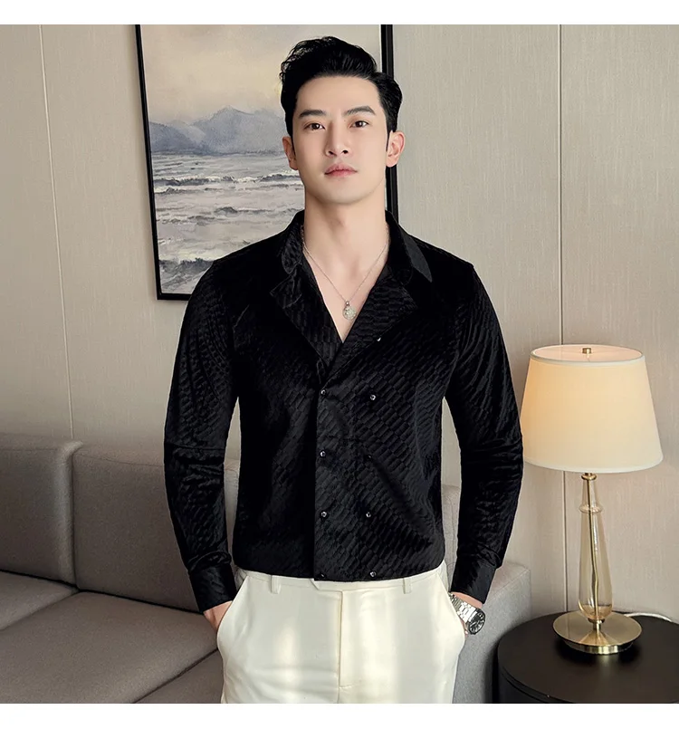 British Style Double Breasted Shirts Men High Quality Velvet Casual Business Shirt Slim Long Sleeve Versatile Social Streetwear