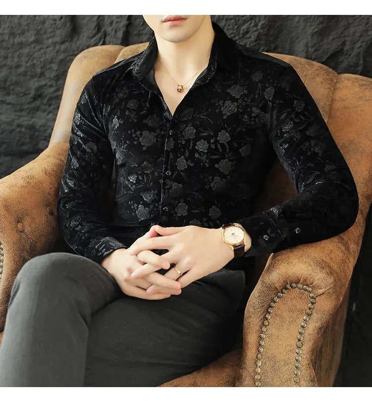 Stretch Velvet Long Sleeve Shirt Slim Fit Point Collar Solid Jacquard Versatile Trendy Stretch Velvet Long Sleeve Shirt Slim Fit Point Collar Solid Jacquard Versatile Trendy