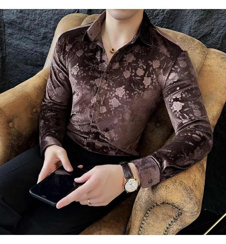 Stretch Velvet Long Sleeve Shirt Slim Fit Point Collar Solid Jacquard Versatile Trendy Stretch Velvet Long Sleeve Shirt Slim Fit Point Collar Solid Jacquard Versatile Trendy