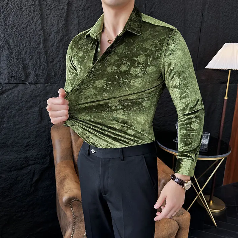 Stretch Velvet Long Sleeve Shirt Slim Fit Point Collar Solid Jacquard Versatile Trendy Stretch Velvet Long Sleeve Shirt Slim Fit Point Collar Solid Jacquard Versatile Trendy