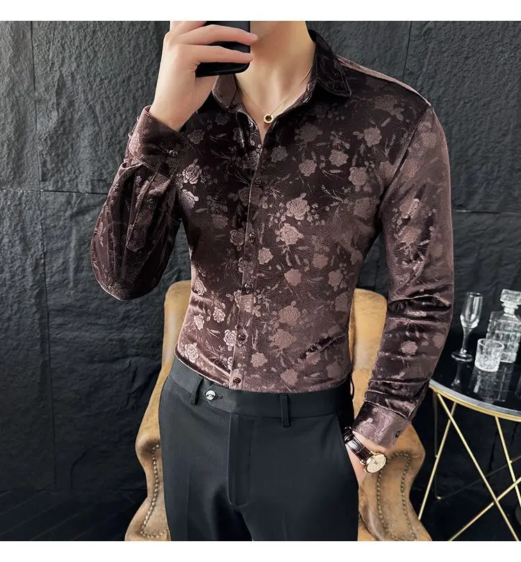 Stretch Velvet Long Sleeve Shirt Slim Fit Point Collar Solid Jacquard Versatile Trendy Stretch Velvet Long Sleeve Shirt Slim Fit Point Collar Solid Jacquard Versatile Trendy