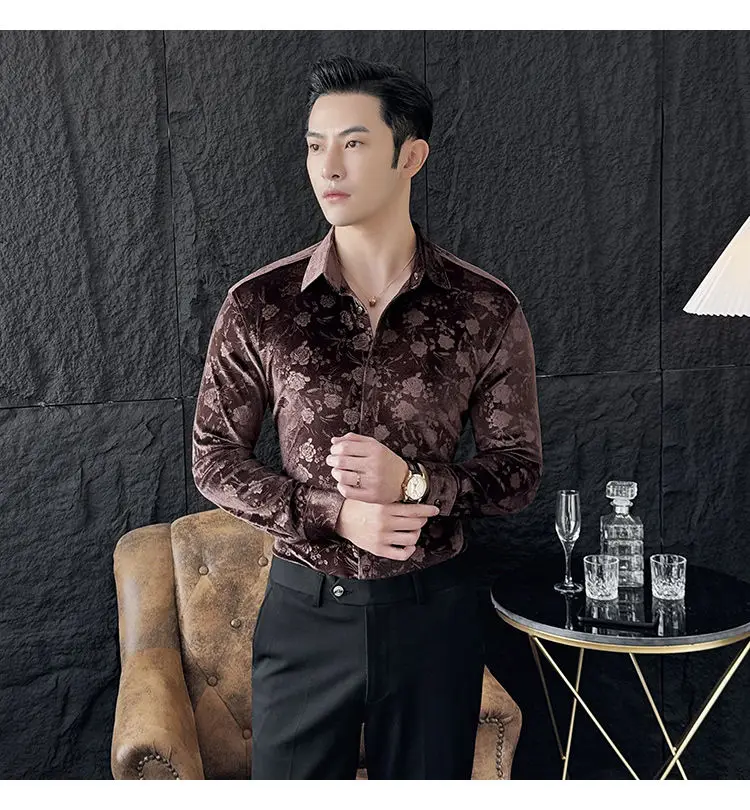 Stretch Velvet Long Sleeve Shirt Slim Fit Point Collar Solid Jacquard Versatile Trendy Stretch Velvet Long Sleeve Shirt Slim Fit Point Collar Solid Jacquard Versatile Trendy