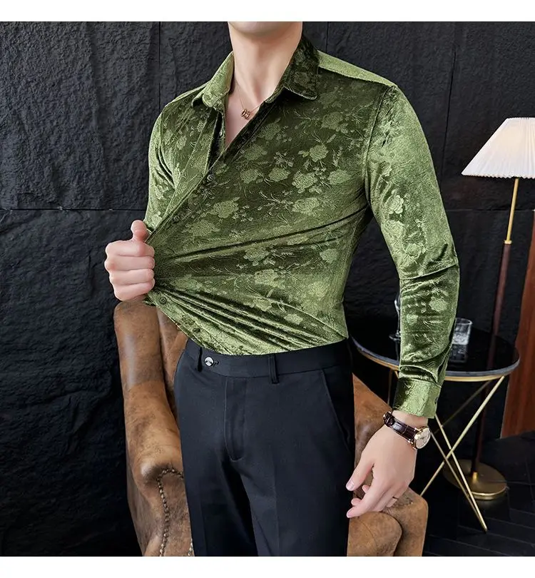 Stretch Velvet Long Sleeve Shirt Slim Fit Point Collar Solid Jacquard Versatile Trendy Stretch Velvet Long Sleeve Shirt Slim Fit Point Collar Solid Jacquard Versatile Trendy