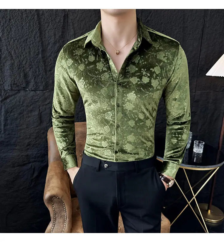 Stretch Velvet Long Sleeve Shirt Slim Fit Point Collar Solid Jacquard Versatile Trendy Stretch Velvet Long Sleeve Shirt Slim Fit Point Collar Solid Jacquard Versatile Trendy