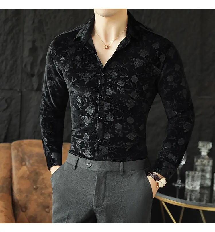 Stretch Velvet Long Sleeve Shirt Slim Fit Point Collar Solid Jacquard Versatile Trendy Stretch Velvet Long Sleeve Shirt Slim Fit Point Collar Solid Jacquard Versatile Trendy