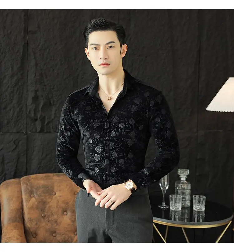 Stretch Velvet Long Sleeve Shirt Slim Fit Point Collar Solid Jacquard Versatile Trendy Stretch Velvet Long Sleeve Shirt Slim Fit Point Collar Solid Jacquard Versatile Trendy
