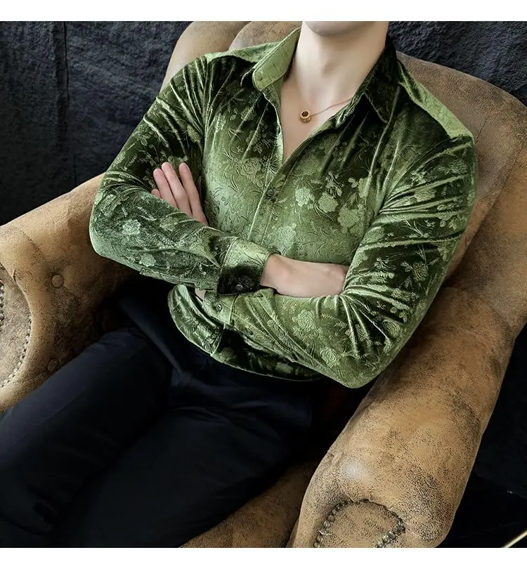Stretch Velvet Long Sleeve Shirt Slim Fit Point Collar Solid Jacquard Versatile Trendy Stretch Velvet Long Sleeve Shirt Slim Fit Point Collar Solid Jacquard Versatile Trendy