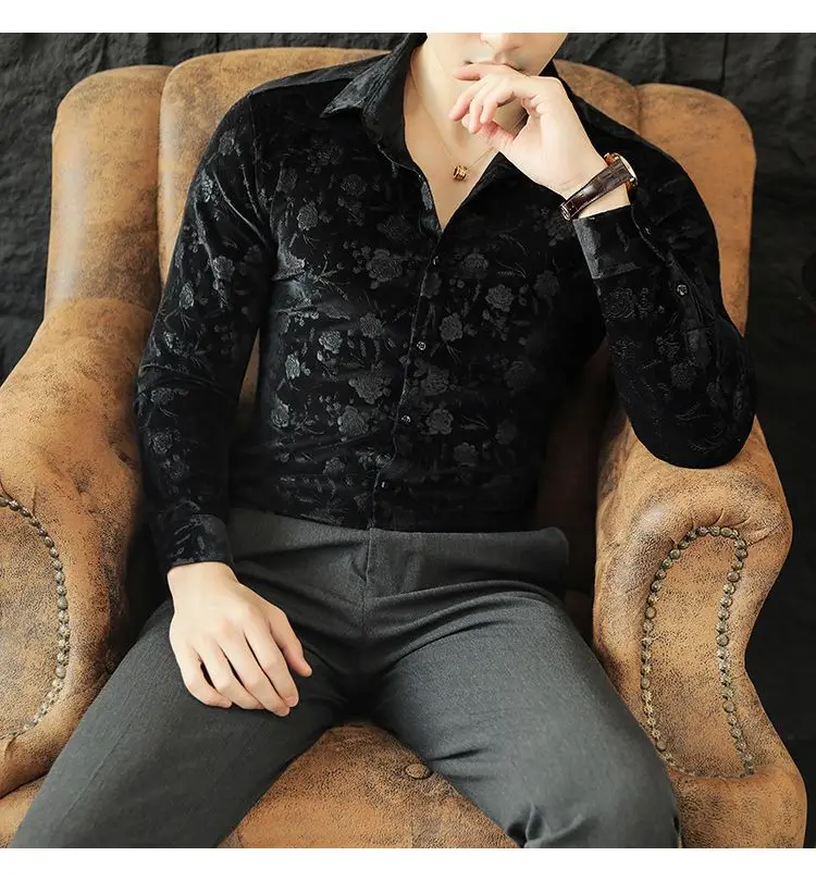 Stretch Velvet Long Sleeve Shirt Slim Fit Point Collar Solid Jacquard Versatile Trendy Stretch Velvet Long Sleeve Shirt Slim Fit Point Collar Solid Jacquard Versatile Trendy