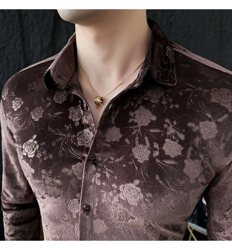 Stretch Velvet Long Sleeve Shirt Slim Fit Point Collar Solid Jacquard Versatile Trendy Stretch Velvet Long Sleeve Shirt Slim Fit Point Collar Solid Jacquard Versatile Trendy