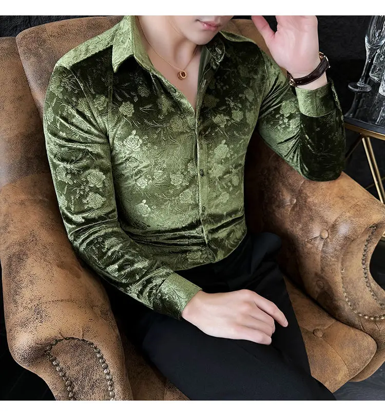 Stretch Velvet Long Sleeve Shirt Slim Fit Point Collar Solid Jacquard Versatile Trendy Stretch Velvet Long Sleeve Shirt Slim Fit Point Collar Solid Jacquard Versatile Trendy