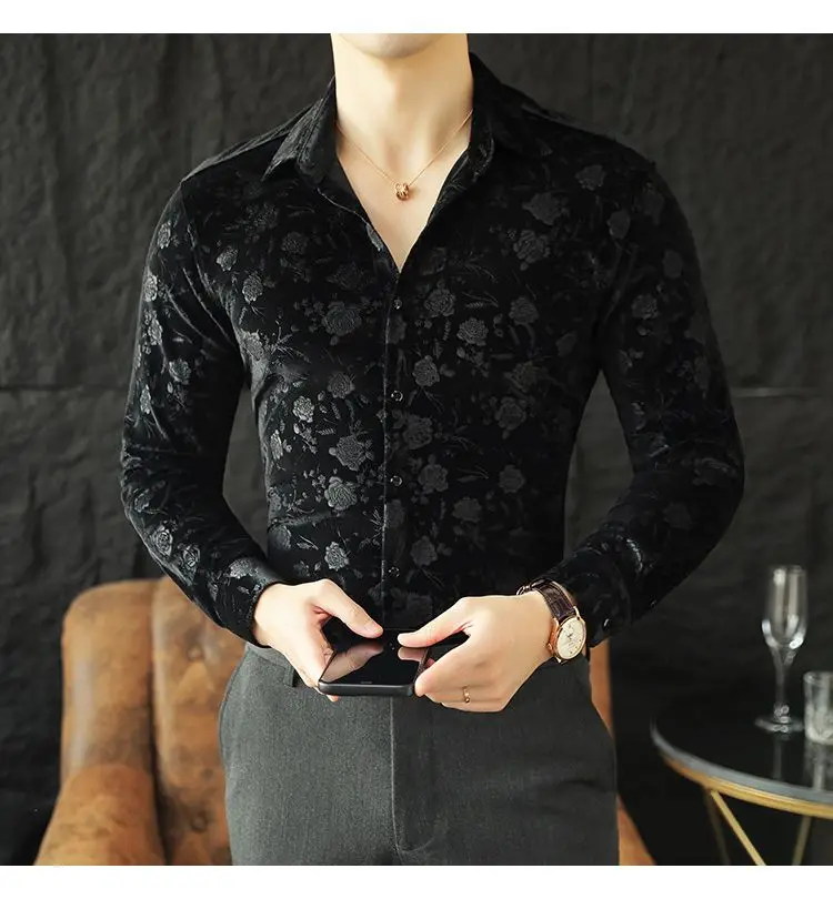 Stretch Velvet Long Sleeve Shirt Slim Fit Point Collar Solid Jacquard Versatile Trendy Stretch Velvet Long Sleeve Shirt Slim Fit Point Collar Solid Jacquard Versatile Trendy