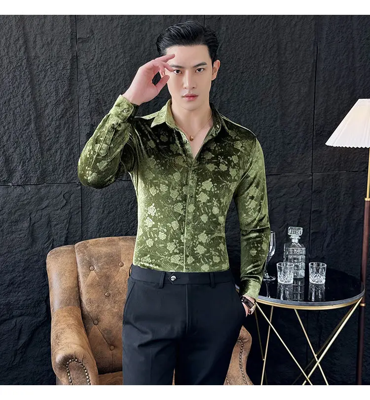 Stretch Velvet Long Sleeve Shirt Slim Fit Point Collar Solid Jacquard Versatile Trendy Stretch Velvet Long Sleeve Shirt Slim Fit Point Collar Solid Jacquard Versatile Trendy