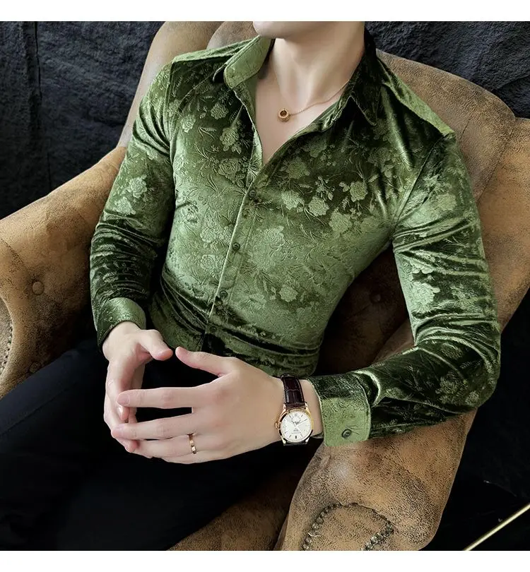 Stretch Velvet Long Sleeve Shirt Slim Fit Point Collar Solid Jacquard Versatile Trendy Stretch Velvet Long Sleeve Shirt Slim Fit Point Collar Solid Jacquard Versatile Trendy