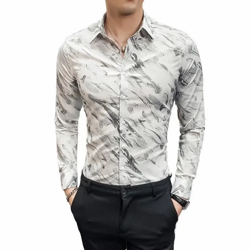 Men's slim long-sleeved shirt new style iron-free business British fashion printed casual shirt