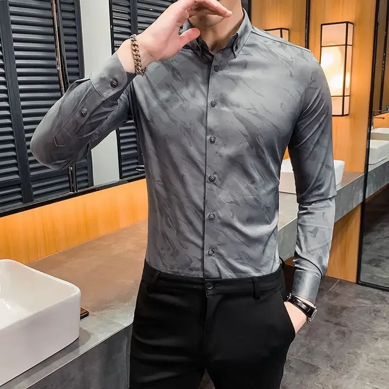 Men's slim long-sleeved shirt new style iron-free business British fashion printed casual shirt