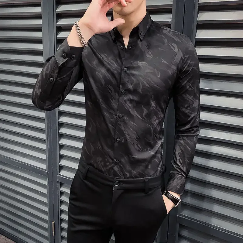 Men's slim long-sleeved shirt new style iron-free business British fashion printed casual shirt