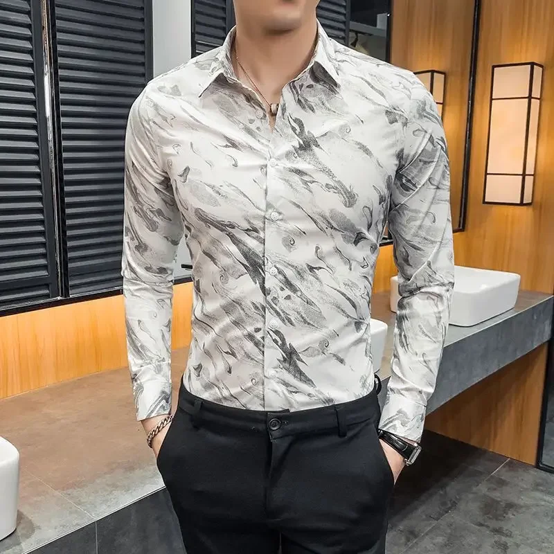 Men's slim long-sleeved shirt new style iron-free business British fashion printed casual shirt
