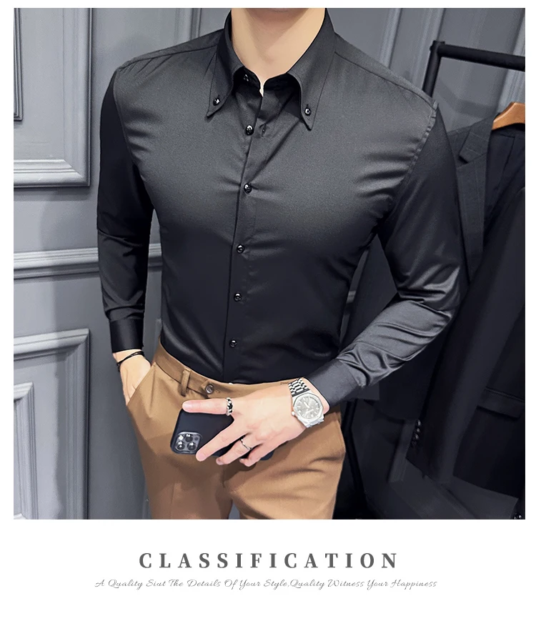 High Quality Lapel Collar Shirt for Men Solid Color Casual Business Dress Shirts Office Social Uniform Shirt Men Clothing 2024