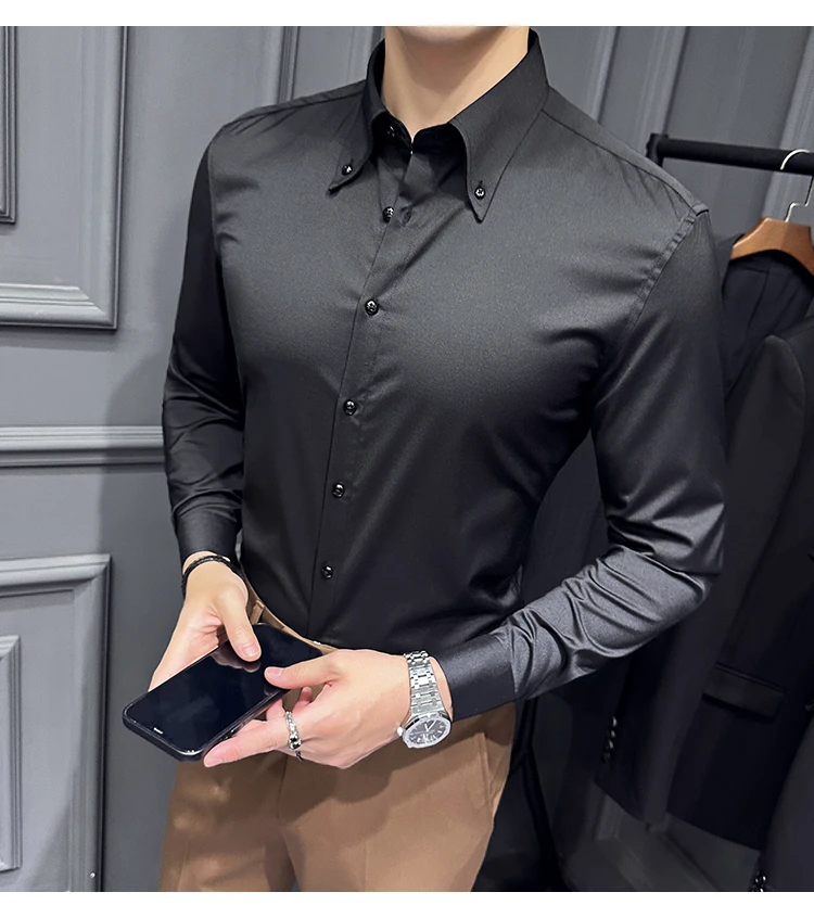 High Quality Lapel Collar Shirt for Men Solid Color Casual Business Dress Shirts Office Social Uniform Shirt Men Clothing 2024