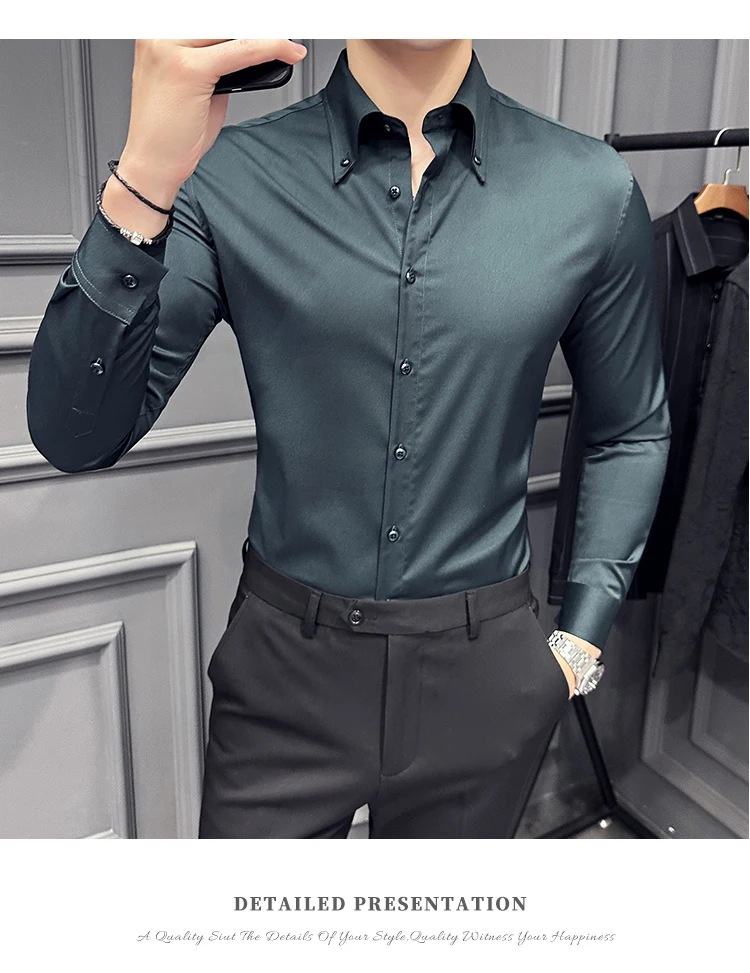 High Quality Lapel Collar Shirt for Men Solid Color Casual Business Dress Shirts Office Social Uniform Shirt Men Clothing 2024