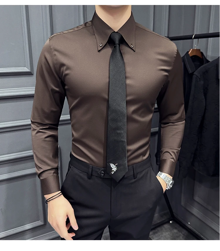 High Quality Lapel Collar Shirt for Men Solid Color Casual Business Dress Shirts Office Social Uniform Shirt Men Clothing 2024