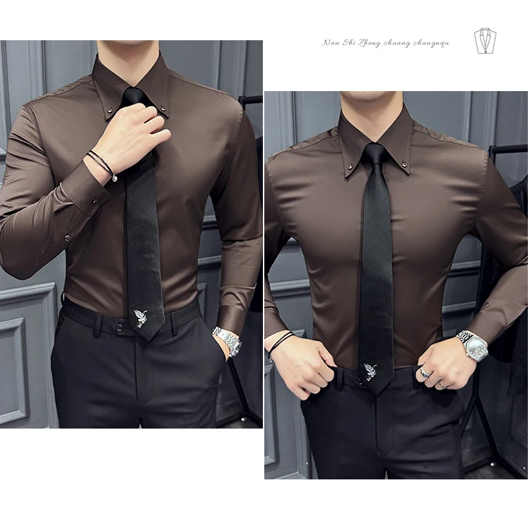 High Quality Lapel Collar Shirt for Men Solid Color Casual Business Dress Shirts Office Social Uniform Shirt Men Clothing 2024