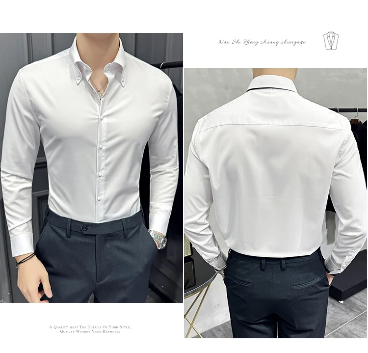 High Quality Lapel Collar Shirt for Men Solid Color Casual Business Dress Shirts Office Social Uniform Shirt Men Clothing 2024
