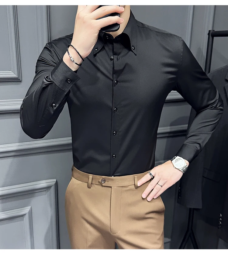High Quality Lapel Collar Shirt for Men Solid Color Casual Business Dress Shirts Office Social Uniform Shirt Men Clothing 2024