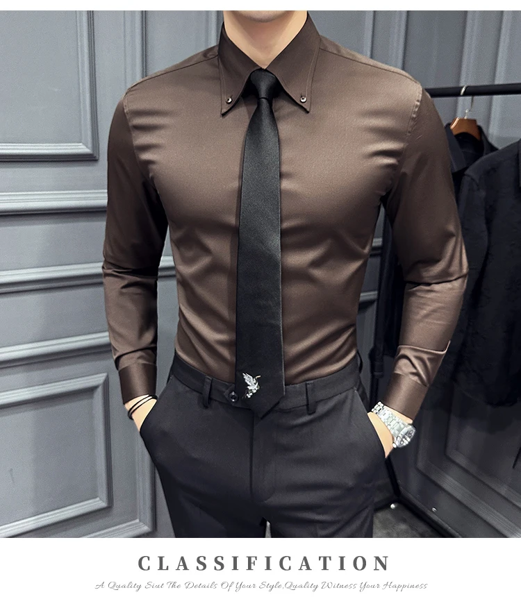 High Quality Lapel Collar Shirt for Men Solid Color Casual Business Dress Shirts Office Social Uniform Shirt Men Clothing 2024