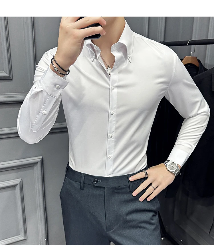 High Quality Lapel Collar Shirt for Men Solid Color Casual Business Dress Shirts Office Social Uniform Shirt Men Clothing 2024