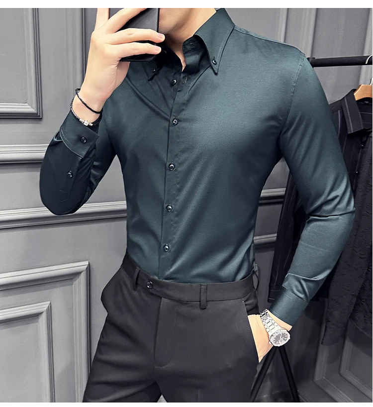High Quality Lapel Collar Shirt for Men Solid Color Casual Business Dress Shirts Office Social Uniform Shirt Men Clothing 2024