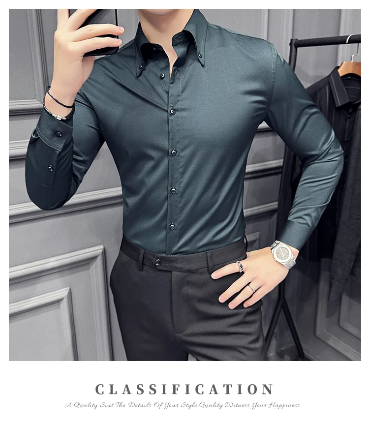 High Quality Lapel Collar Shirt for Men Solid Color Casual Business Dress Shirts Office Social Uniform Shirt Men Clothing 2024