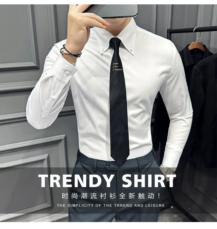 High Quality Lapel Collar Shirt for Men Solid Color Casual Business Dress Shirts Office Social Uniform Shirt Men Clothing 2024